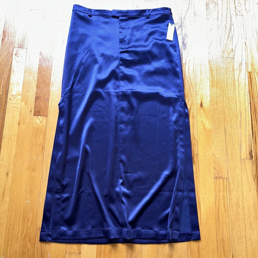 NEW Anthropologie Skirt Womens Size 12 Navy Satin Long Maxi Wrap Front
